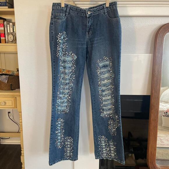 2000s Intricate Beaded Ripped Jeans - Picture 4 of 8